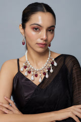Florence Silver Plated Red Womens Pearl Short Necklace Set with Pair of Earrings (Freesize)