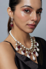 Florence Silver Plated Red Womens Pearl Short Necklace Set with Pair of Earrings (Freesize)