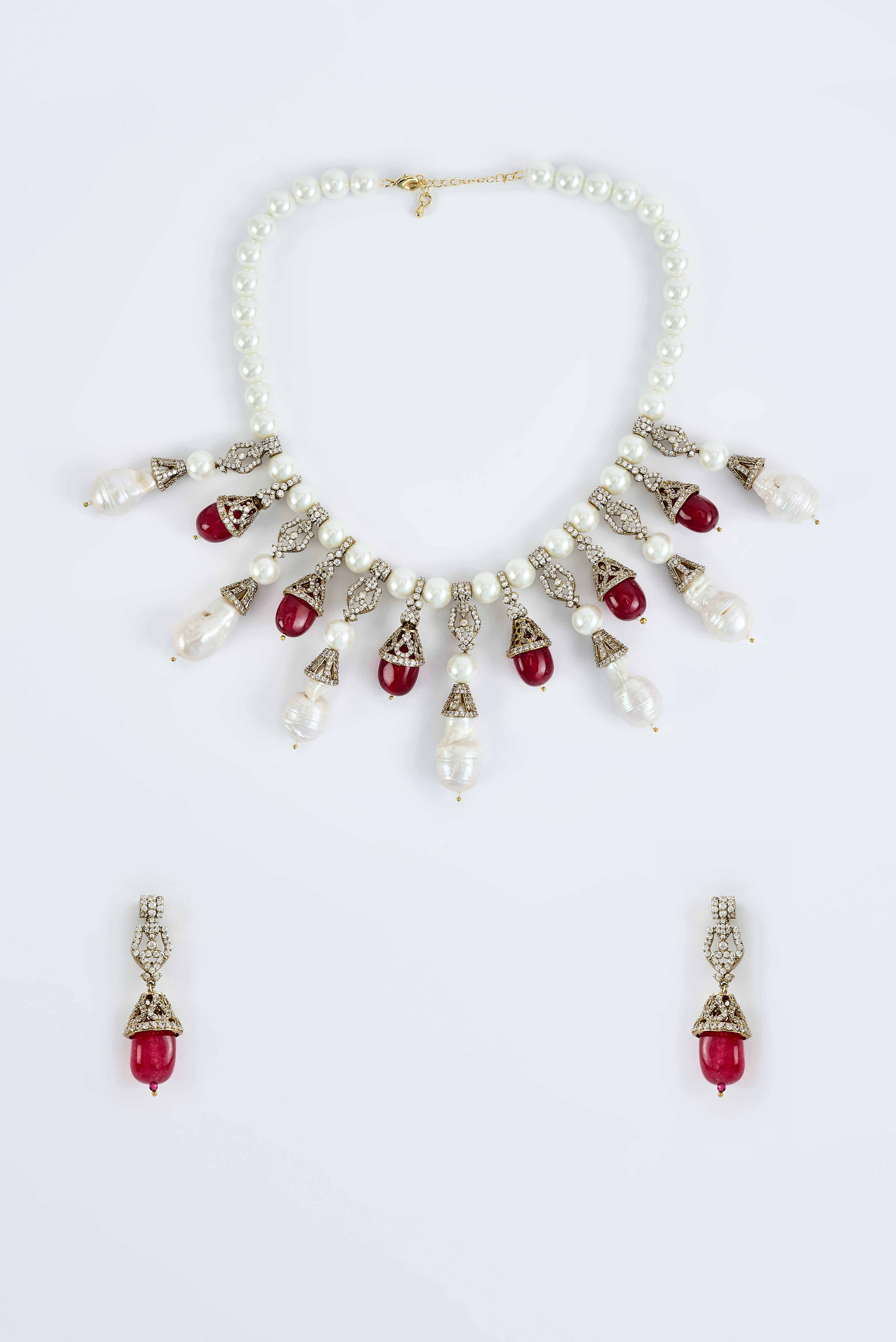 Florence Silver Plated Red Womens Pearl Short Necklace Set with Pair of Earrings (Freesize)