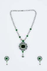 vivinia BY VIDHI MEHRA Zia Silver Plated Green Womens Zircon Long Necklace Set with Pair of Earrings (Freesize)