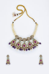 vivinia BY VIDHI MEHRA Florence Gold Plated Purple Womens Kundan, Polki Short Necklace Set with Pair of Earrings (Freesize)
