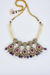 vivinia BY VIDHI MEHRA Florence Gold Plated Purple Womens Kundan, Polki Short Necklace Set with Pair of Earrings (Freesize)