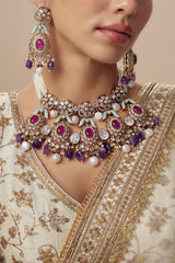 vivinia BY VIDHI MEHRA Florence Gold Plated Purple Womens Kundan, Polki Short Necklace Set with Pair of Earrings (Freesize)