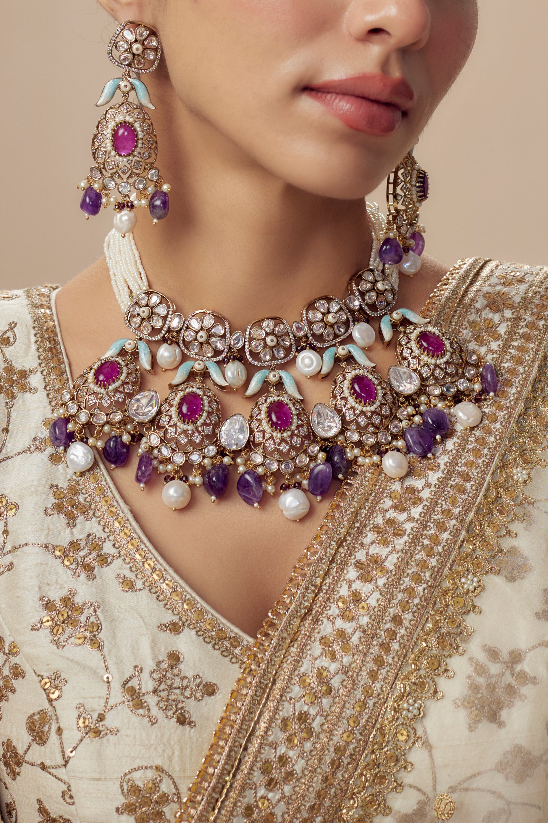 vivinia BY VIDHI MEHRA Florence Gold Plated Purple Womens Kundan, Polki Short Necklace Set with Pair of Earrings (Freesize)