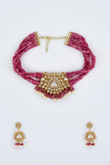 Antara Gold Plated Pink Womens Kundan, Polki Choker Necklace Set with Pair of Earrings (Freesize)