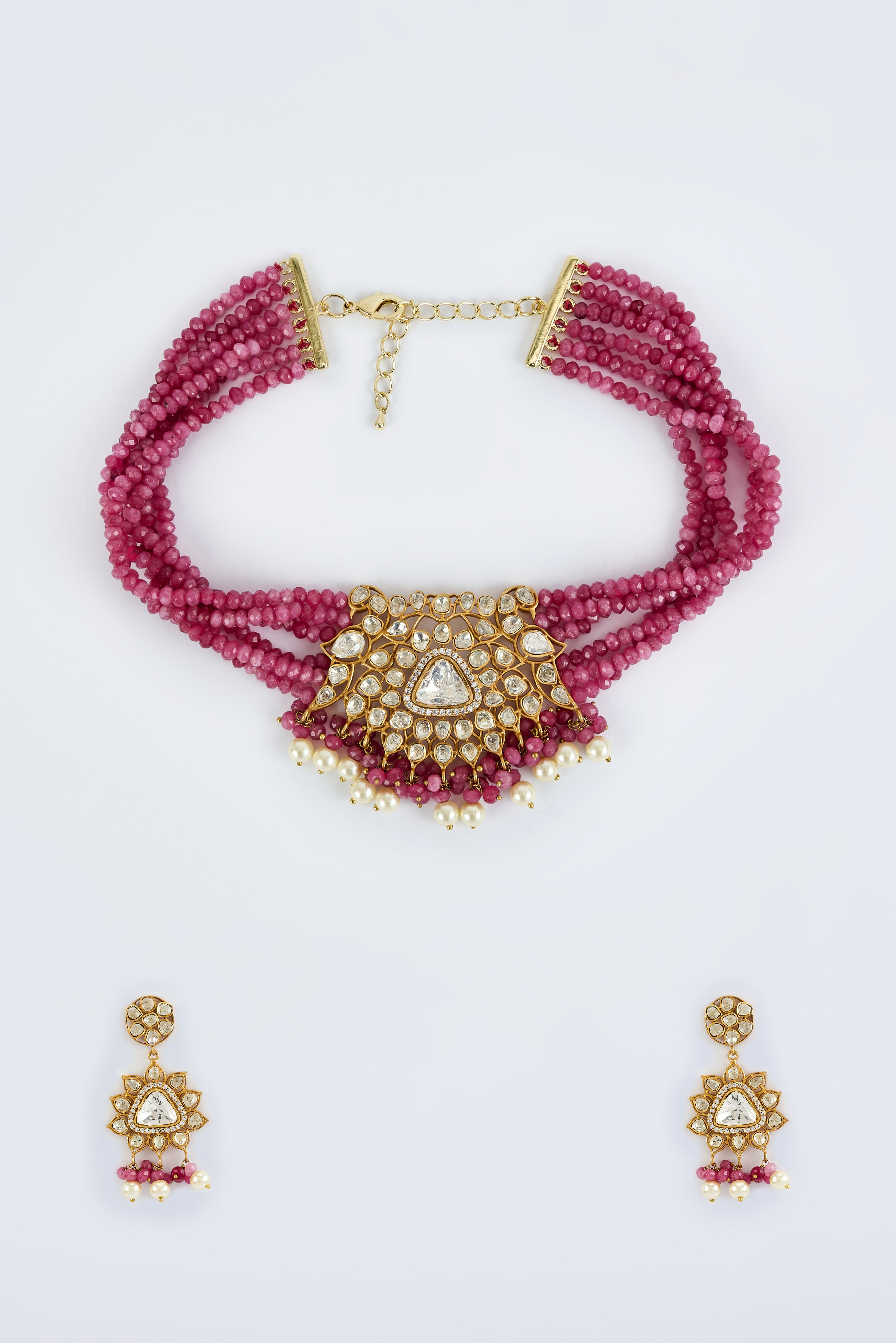 Antara Gold Plated Pink Womens Kundan, Polki Choker Necklace Set with Pair of Earrings (Freesize)