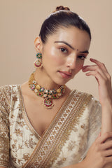 Morpankh Gold Plated Multi Womens Kundan, Polki Short Necklace Set with Pair of Earrings (Freesize)