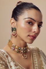 Morpankh Gold Plated Multi Womens Kundan, Polki Short Necklace Set with Pair of Earrings (Freesize)