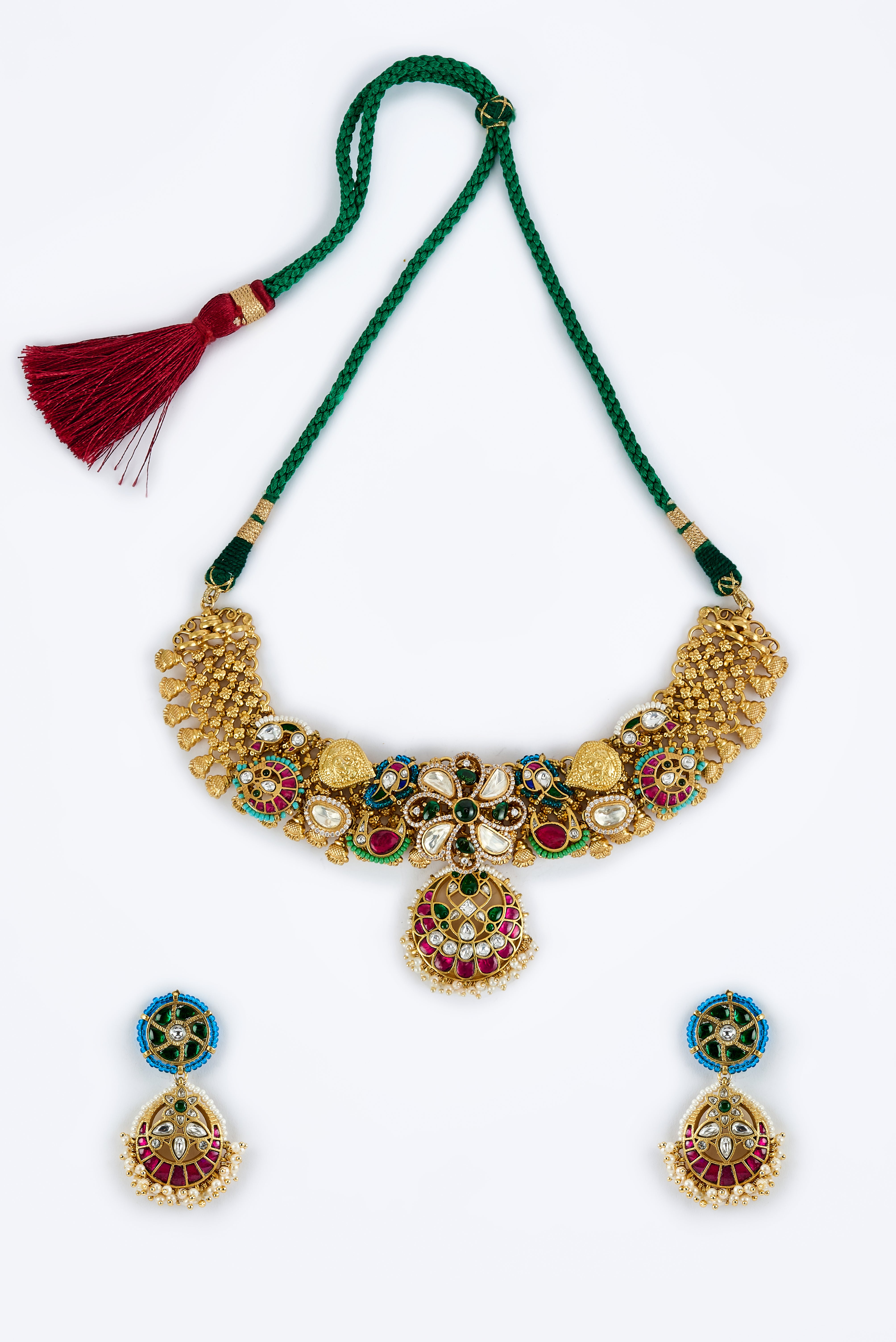 Morpankh Gold Plated Multi Womens Kundan, Polki Short Necklace Set with Pair of Earrings (Freesize)