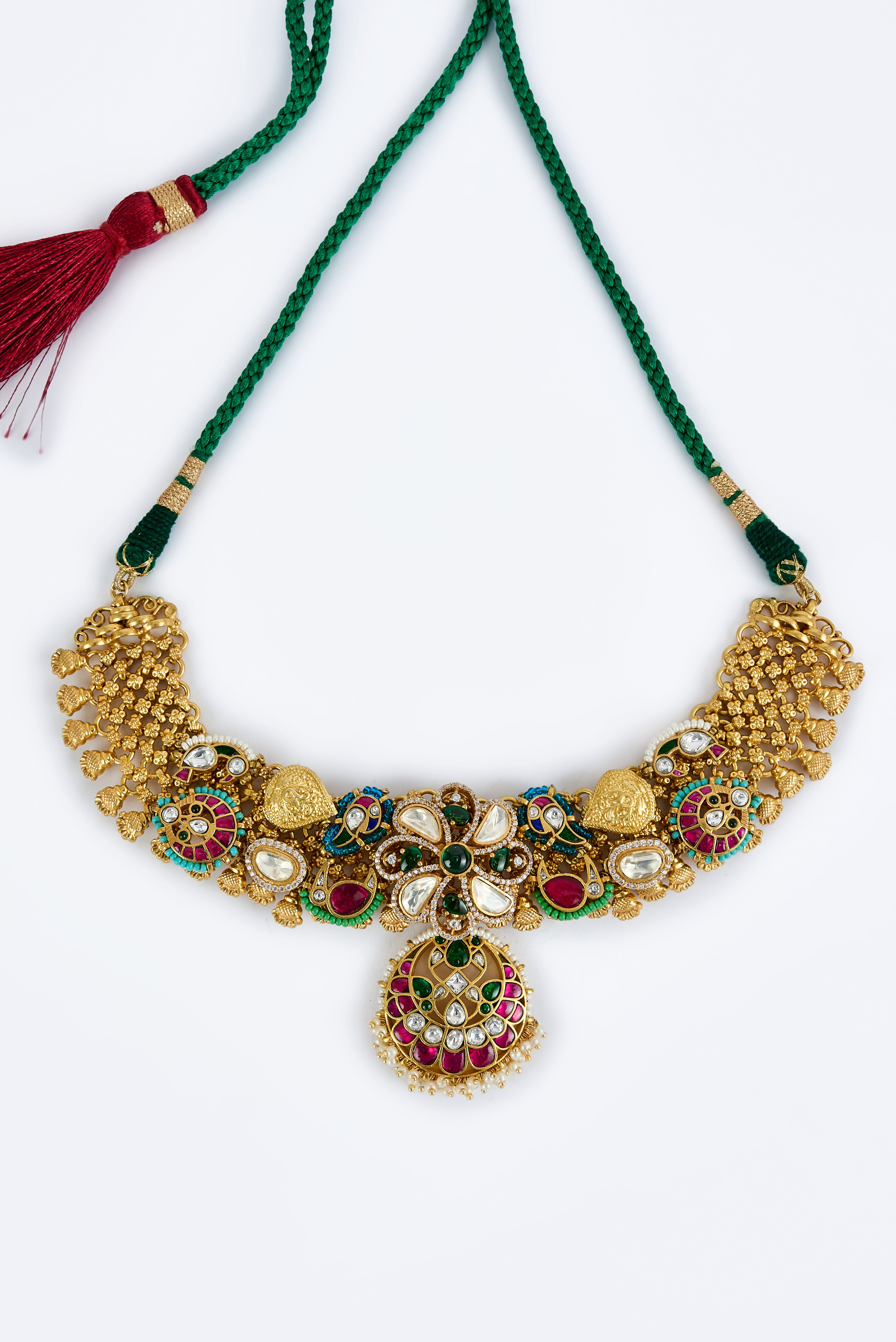 Morpankh Gold Plated Multi Womens Kundan, Polki Short Necklace Set with Pair of Earrings (Freesize)
