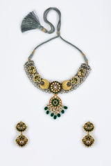 vivinia BY VIDHI MEHRA Morpankh Gold Plated Green Womens Kundan, Polki Short Necklace Set with Pair of Earrings (Freesize)