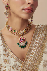 Morpankh Gold Plated Multi Womens Kundan, Polki Short Necklace Set with Pair of Earrings (Freesize)