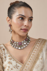 Florence Silver Plated Pink Womens Kundan, Polki Short Necklace Set with Pair of Earrings (Freesize)