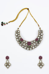 Florence Silver Plated Pink Womens Kundan, Polki Short Necklace Set with Pair of Earrings (Freesize)