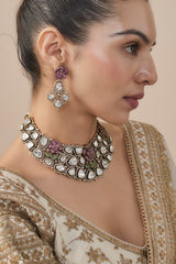 Florence Silver Plated Pink Womens Kundan, Polki Short Necklace Set with Pair of Earrings (Freesize)