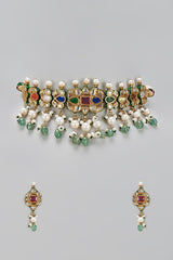 Navratna Jaipuri Kundan Choker Necklace Set with Pearls & Green Beads