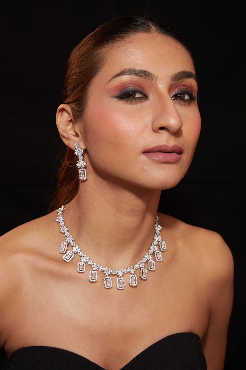 Rhodium Plated Zircon Studded Dangle Choker Necklace & Dangle Earrings Set