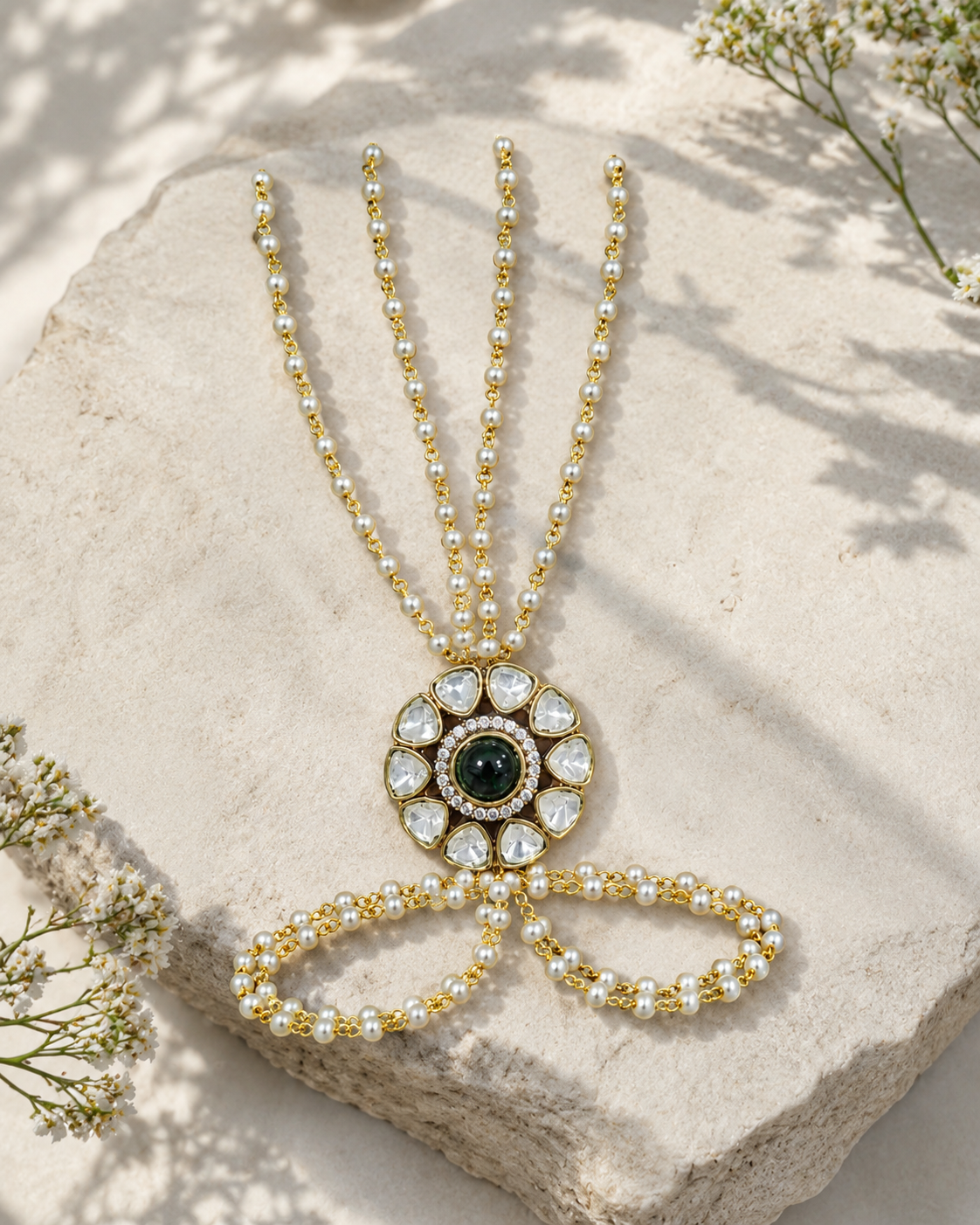 Polki Pearl Floral Haath Phool Bracelet