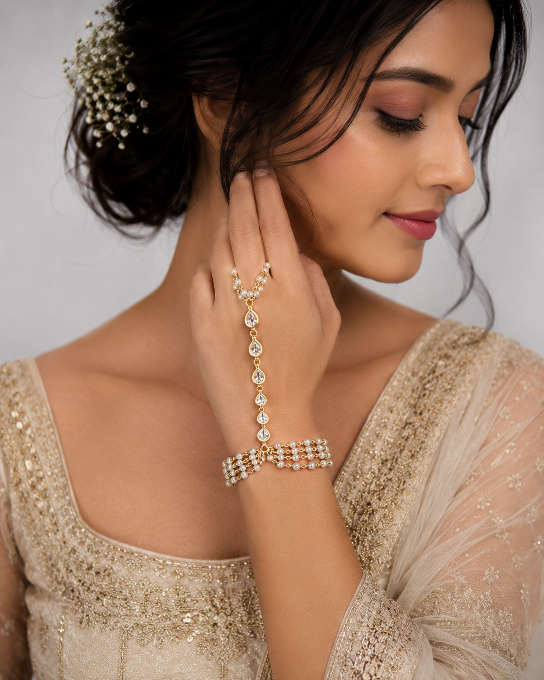 Pearl & Polki Bridal Haath Phool Bracelet