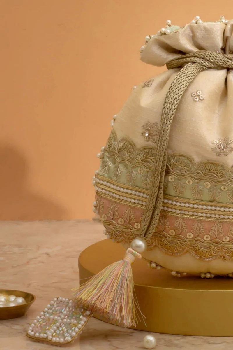Vibha Embroidered Potli - Mint & Pink
