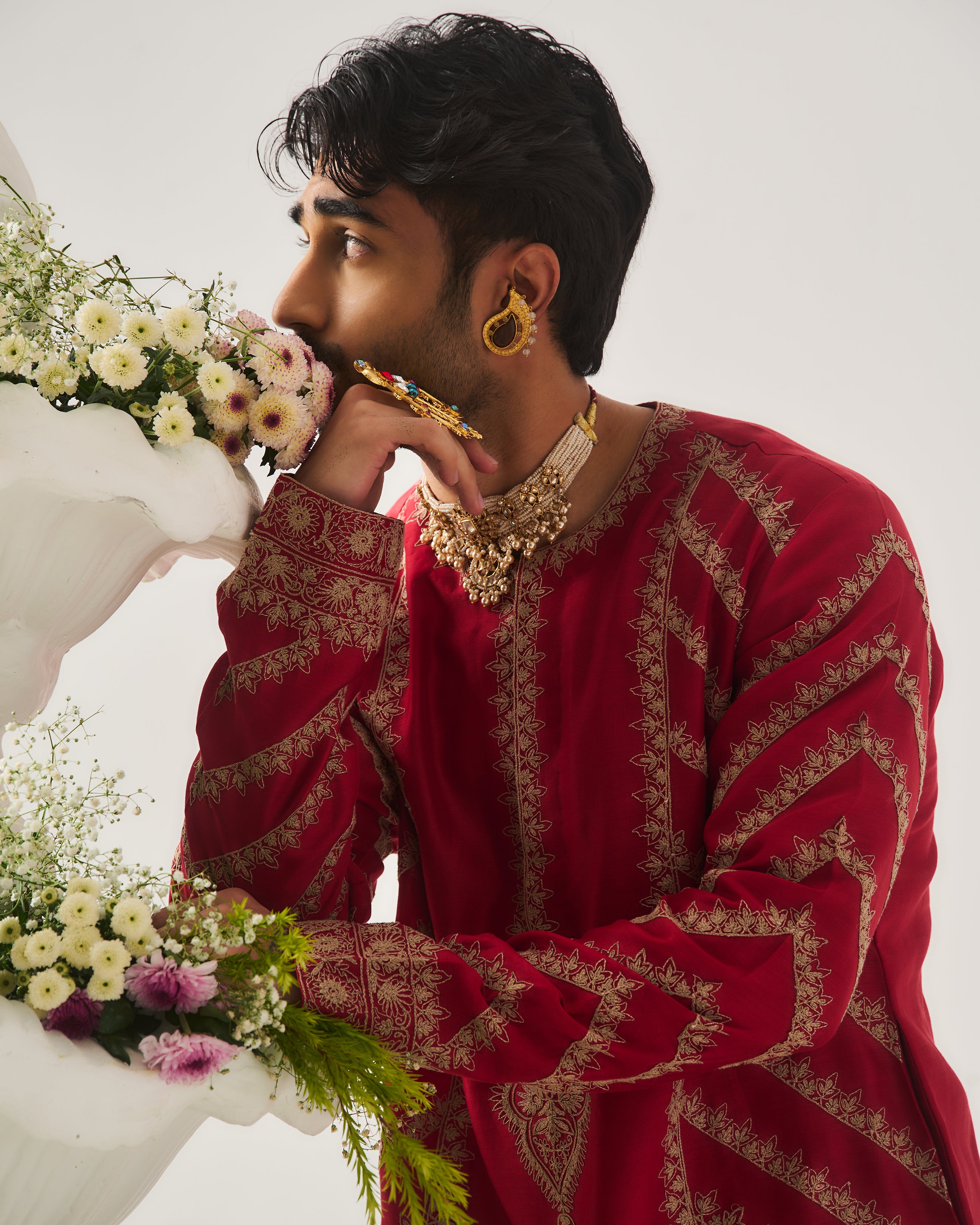 Kurta With Flare Pants / Chanderi / Deep Red / Paan Booti / Dori Embroidery