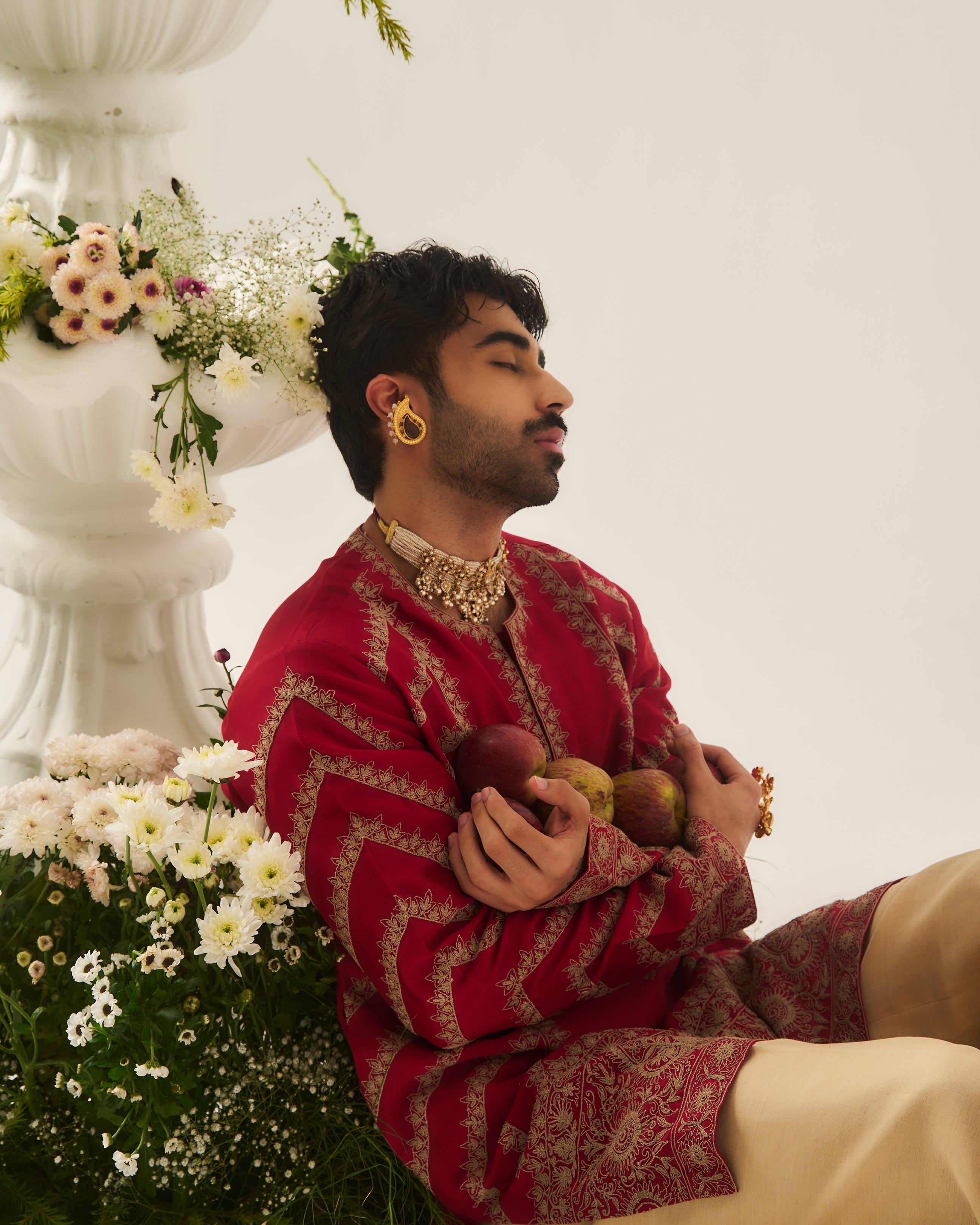 Kurta With Flare Pants / Chanderi / Deep Red / Paan Booti / Dori Embroidery