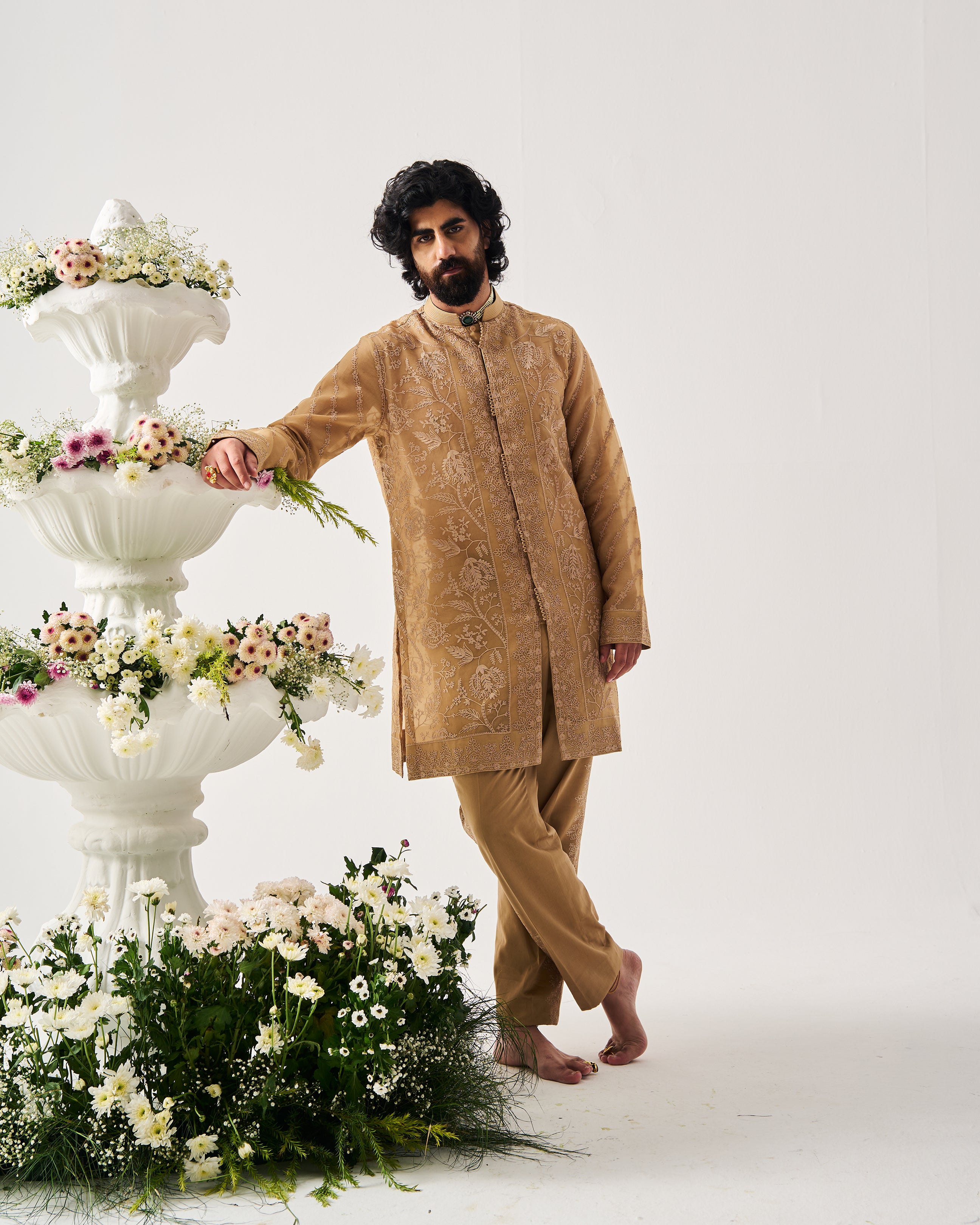 Front Open Kurta With Pants / Organza Silk / Sand / Whispering Vines / Aari Embroidery