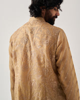 Front Open Kurta With Pants / Organza Silk / Sand / Whispering Vines / Aari Embroidery
