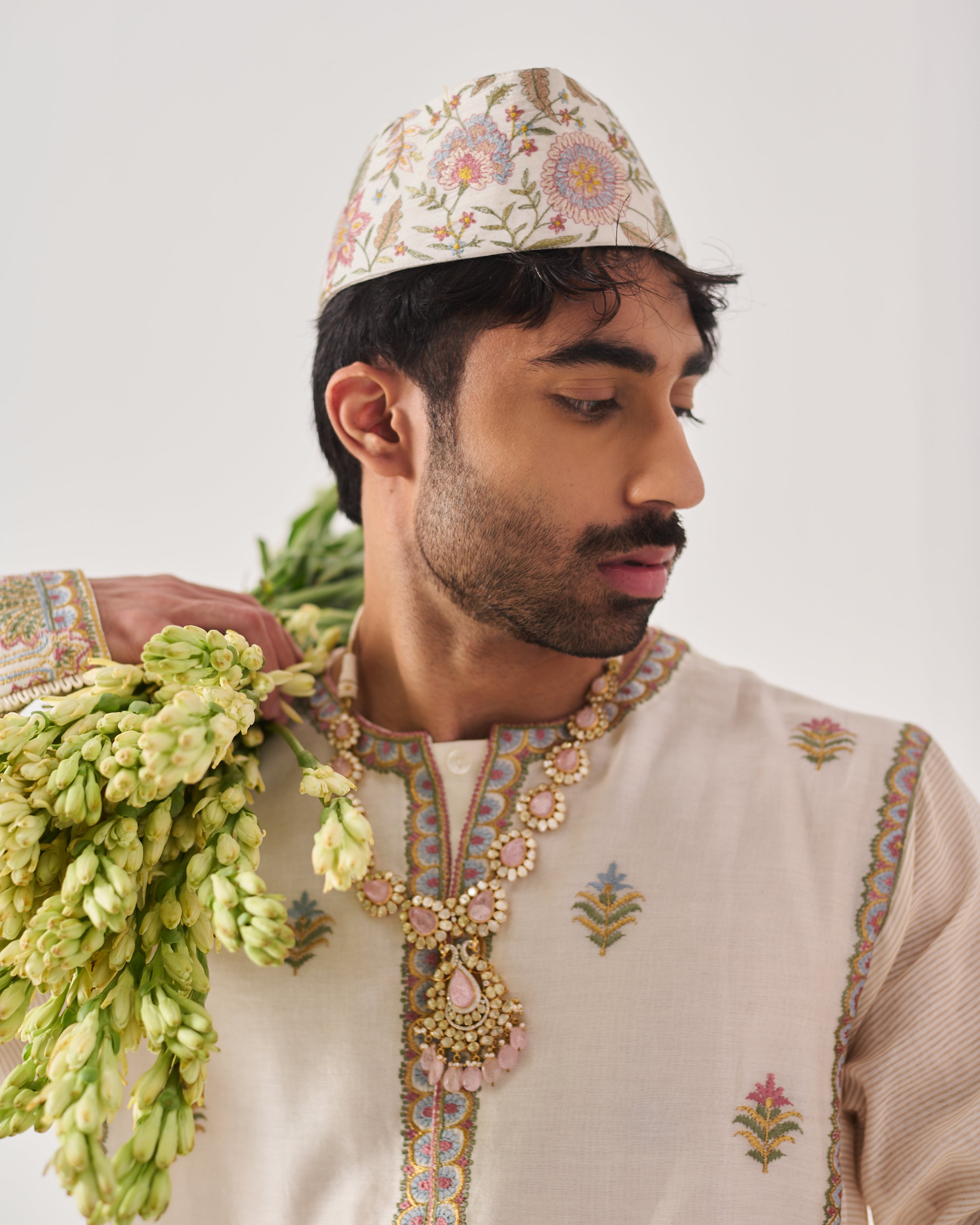 Phiran Kurta With Flare Pants / Chanderi Woven / Ivory / Golden Blossom / Resham Embroidery