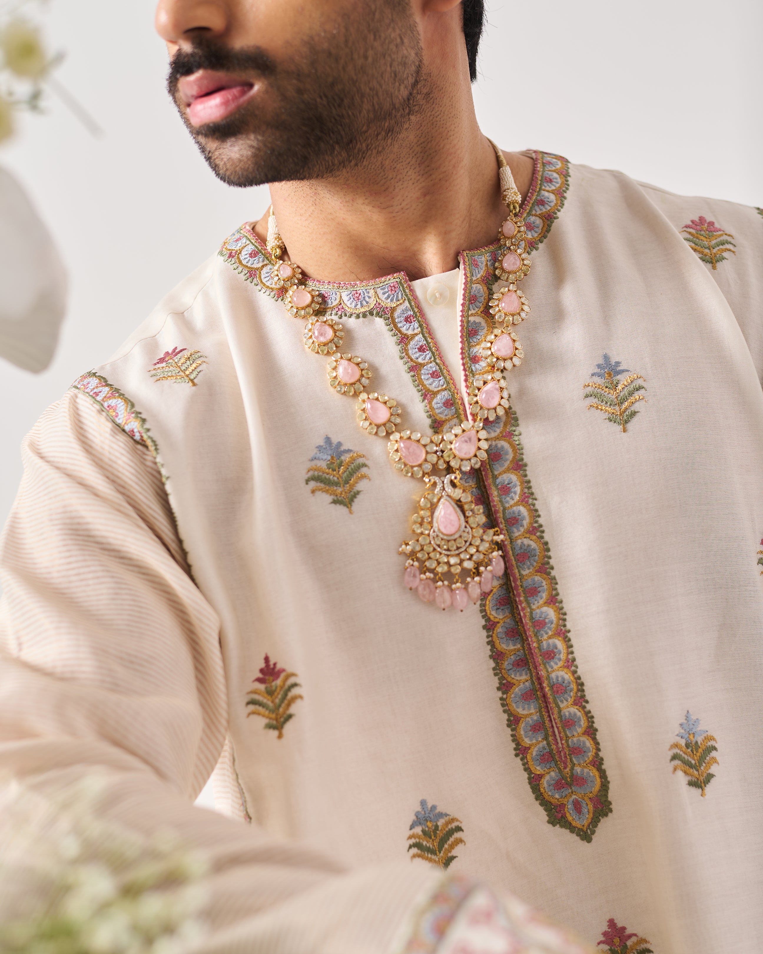 Phiran Kurta With Flare Pants / Chanderi Woven / Ivory / Golden Blossom / Resham Embroidery