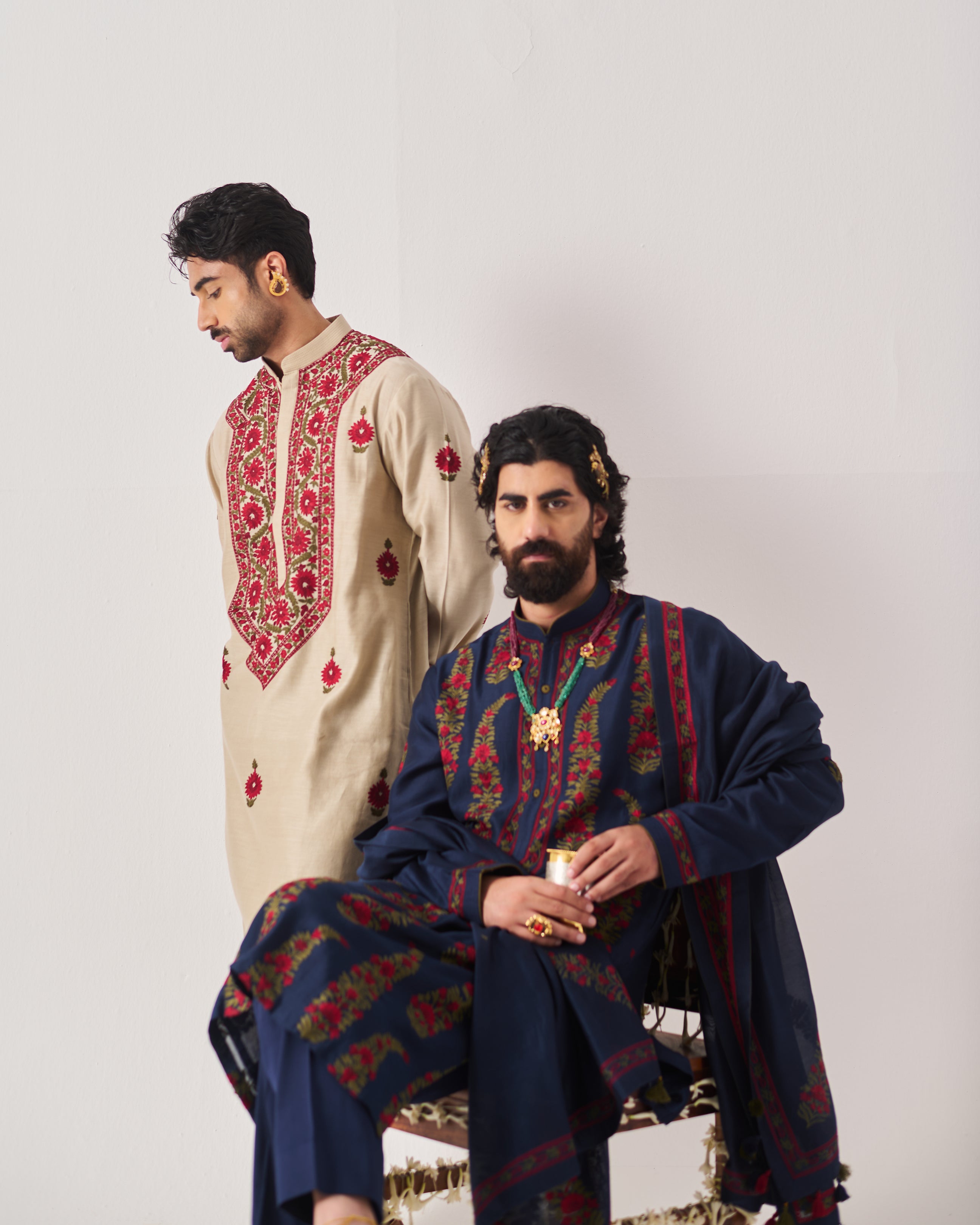 Kurta With Pants and Dupatta / Chanderi / Midnight Blue / Linear Paisley / Aari Embroidery