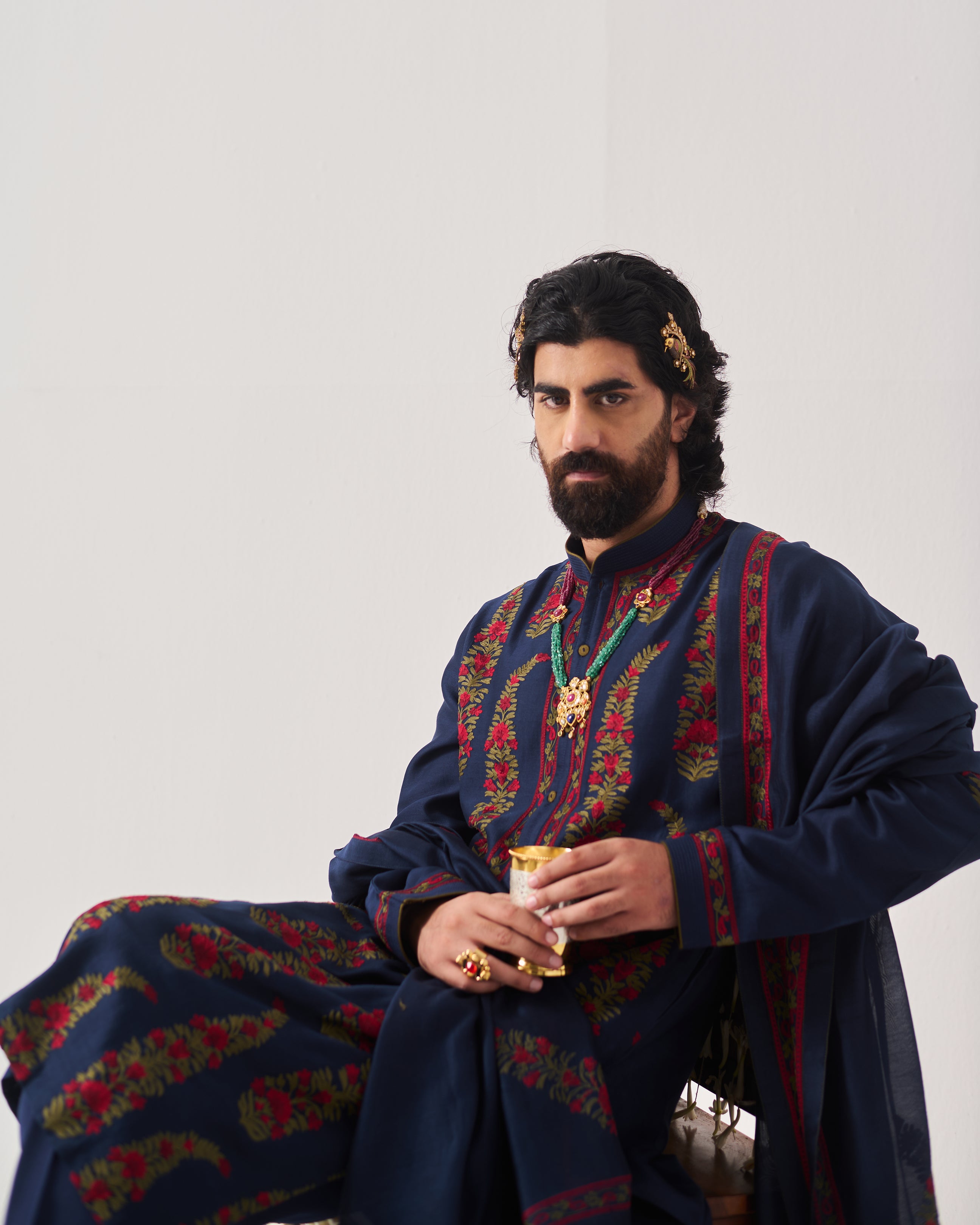 Kurta With Pants and Dupatta / Chanderi / Midnight Blue / Linear Paisley / Aari Embroidery