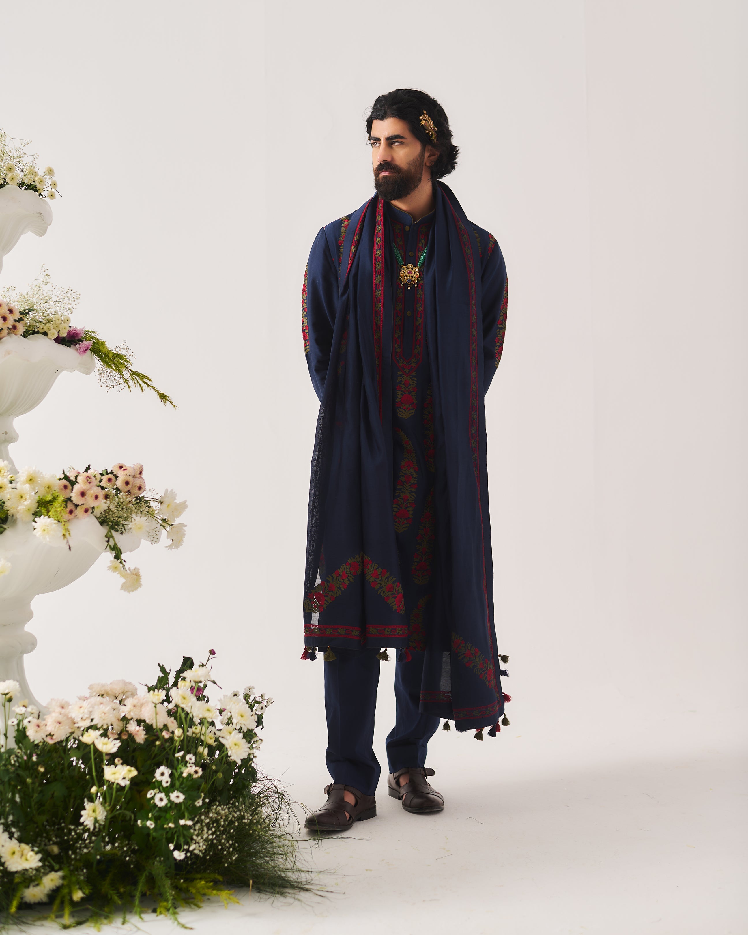Kurta With Pants and Dupatta / Chanderi / Midnight Blue / Linear Paisley / Aari Embroidery