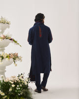 Kurta With Pants and Dupatta / Chanderi / Midnight Blue / Linear Paisley / Aari Embroidery