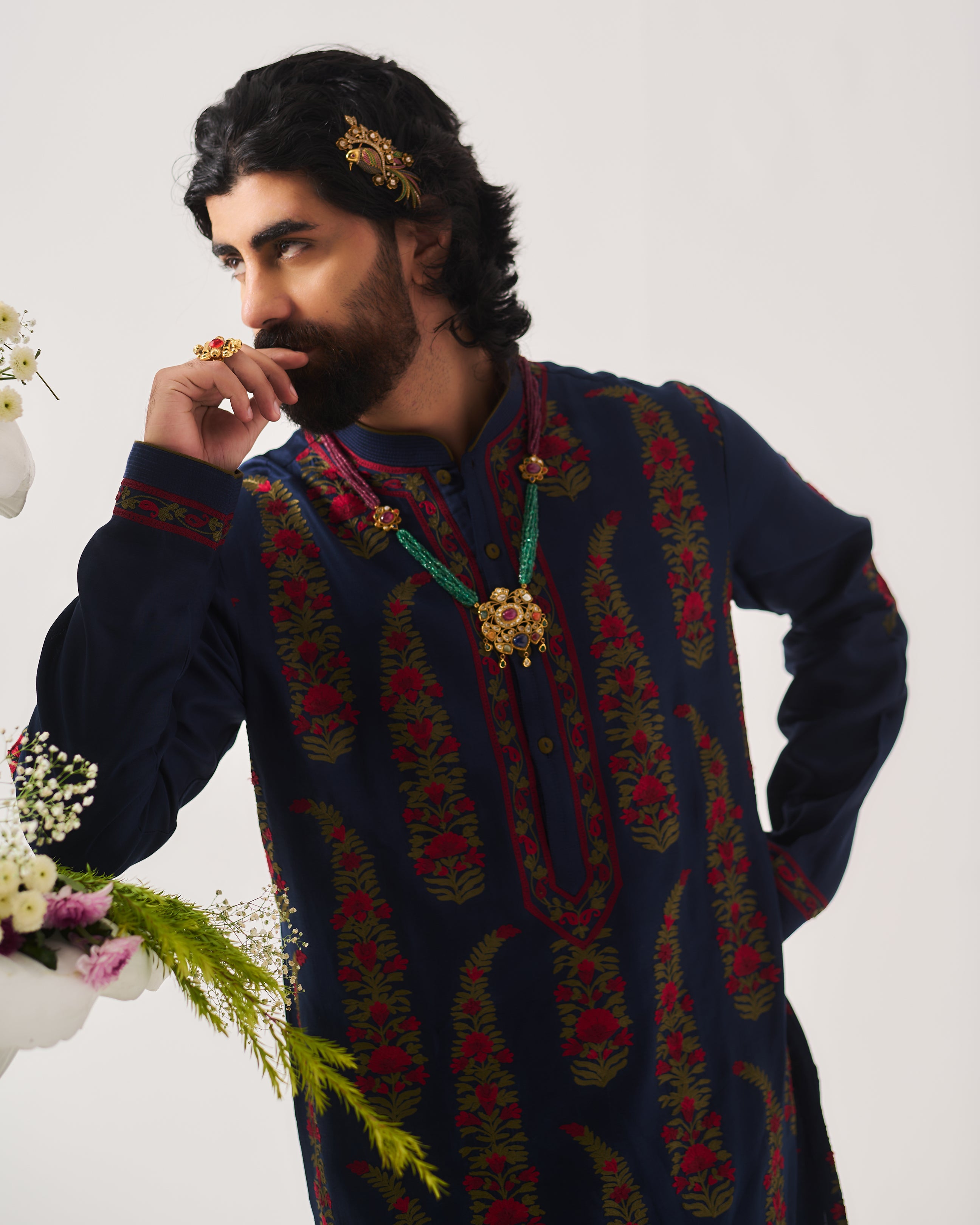 Kurta With Pants and Dupatta / Chanderi / Midnight Blue / Linear Paisley / Aari Embroidery