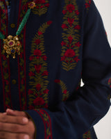 Kurta With Pants and Dupatta / Chanderi / Midnight Blue / Linear Paisley / Aari Embroidery