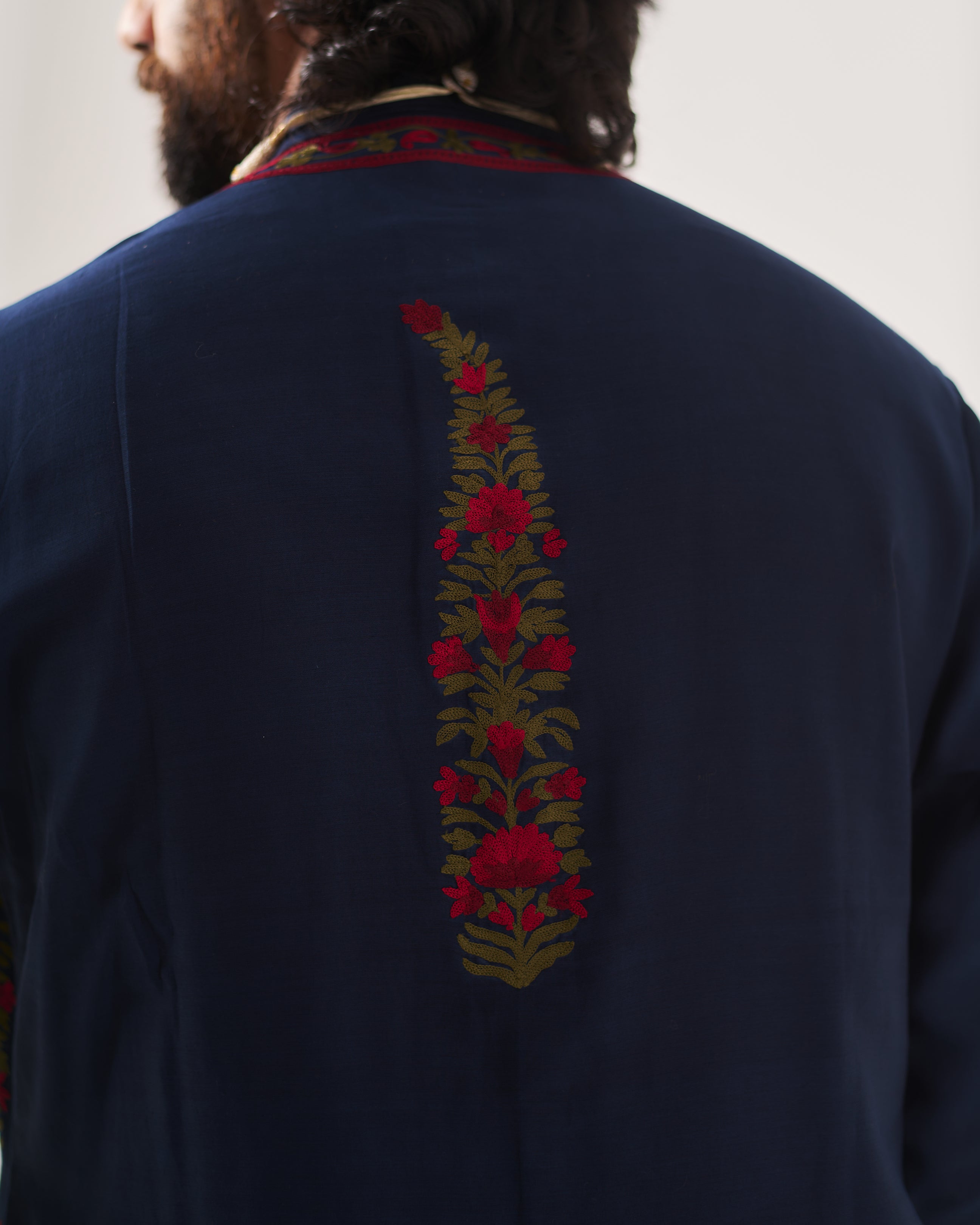 Kurta With Pants and Dupatta / Chanderi / Midnight Blue / Linear Paisley / Aari Embroidery