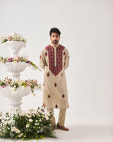 Kurta With Pants / Chanderi / Light Beige / Crimson Bloom / Aari Embroidery