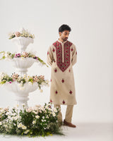 Kurta With Pants / Chanderi / Light Beige / Crimson Bloom / Aari Embroidery