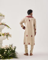 Kurta With Pants / Chanderi / Light Beige / Crimson Bloom / Aari Embroidery