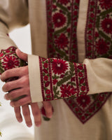 Kurta With Pants / Chanderi / Light Beige / Crimson Bloom / Aari Embroidery