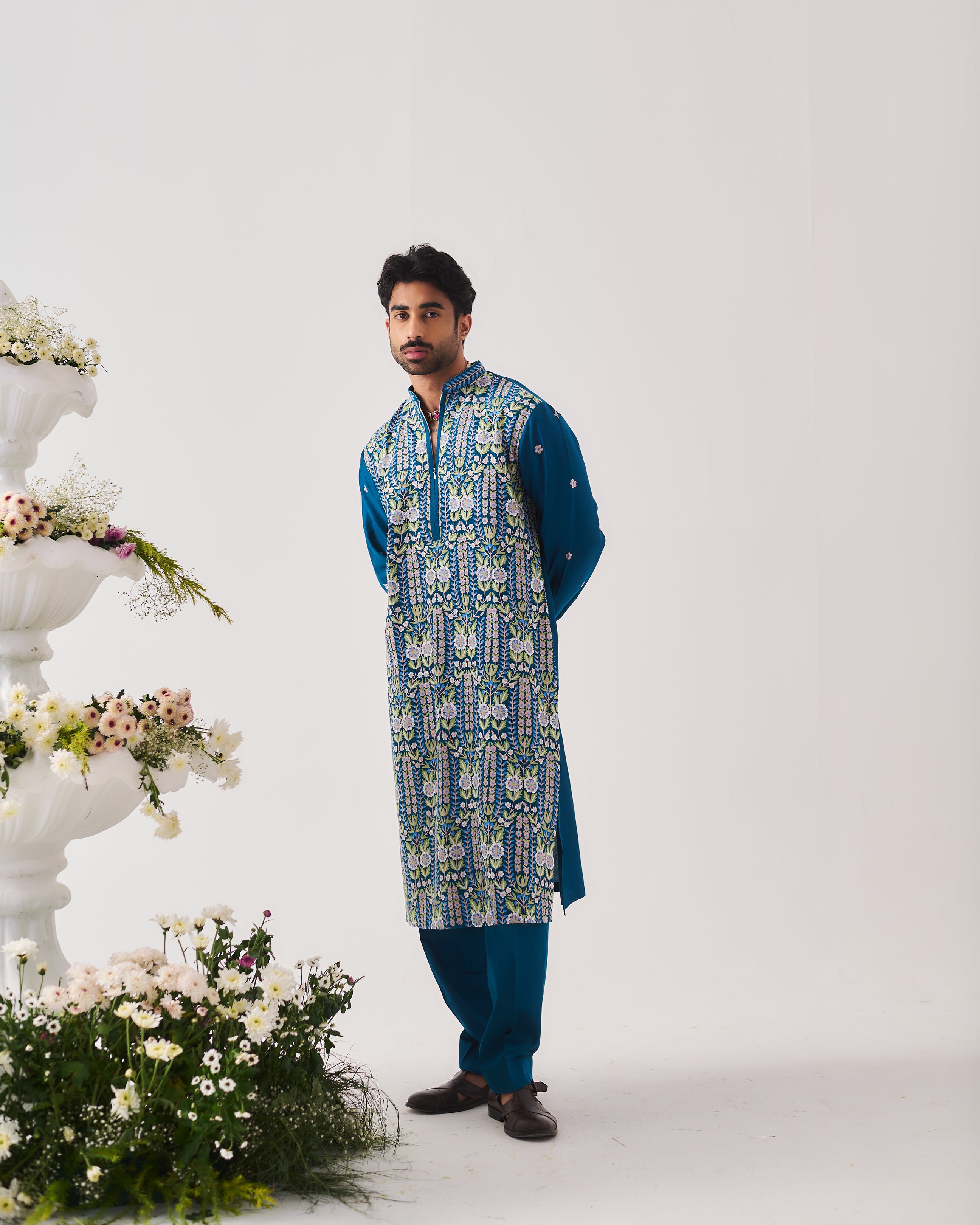 Kurta With Pants / Chanderi / Teal Blue / Shalimar Bagh / Aari Embroidery