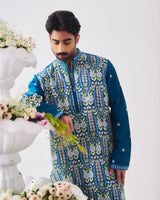 Kurta With Pants / Chanderi / Teal Blue / Shalimar Bagh / Aari Embroidery