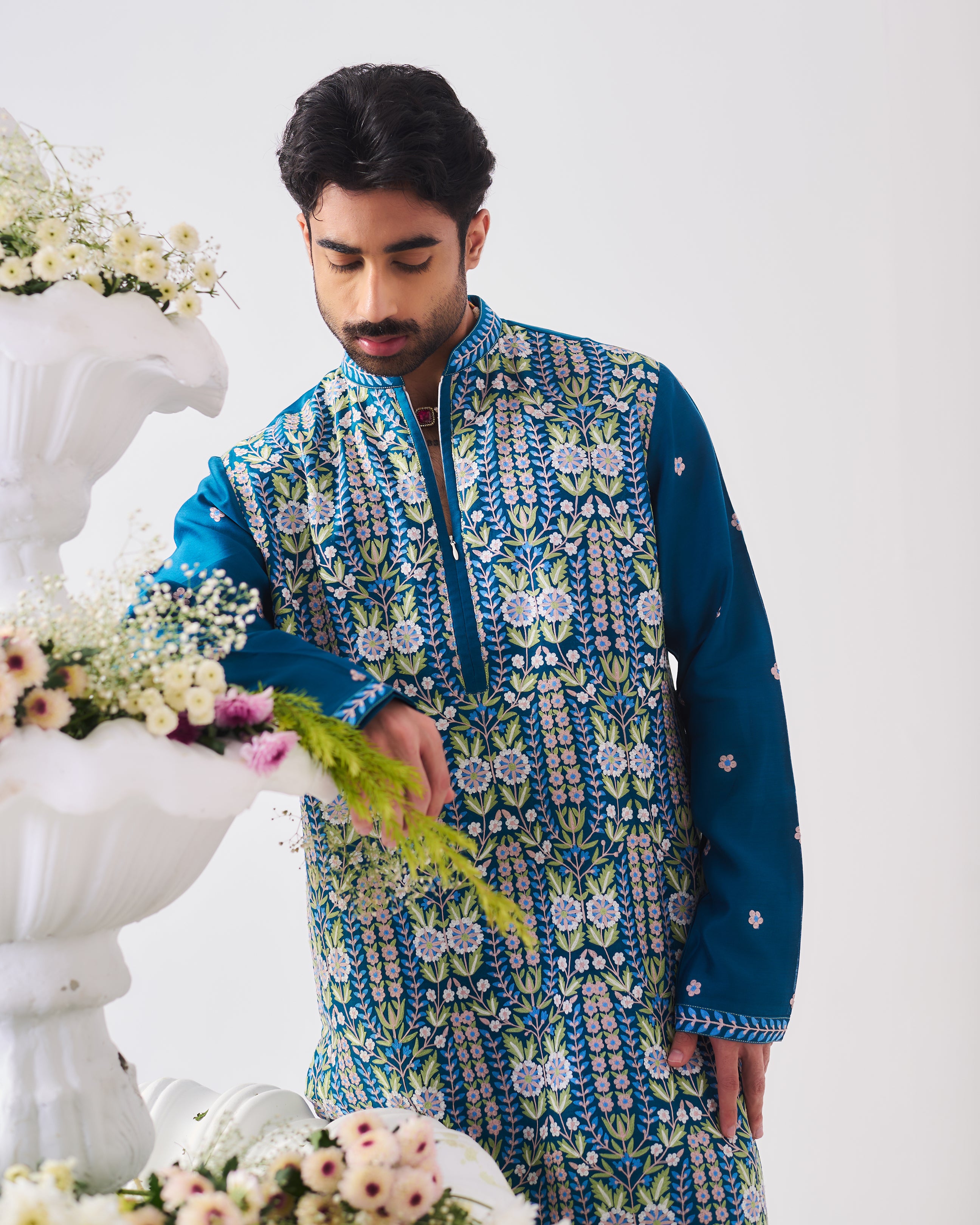Kurta With Pants / Chanderi / Teal Blue / Shalimar Bagh / Aari Embroidery