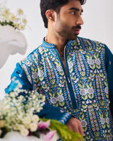 Kurta With Pants / Chanderi / Teal Blue / Shalimar Bagh / Aari Embroidery