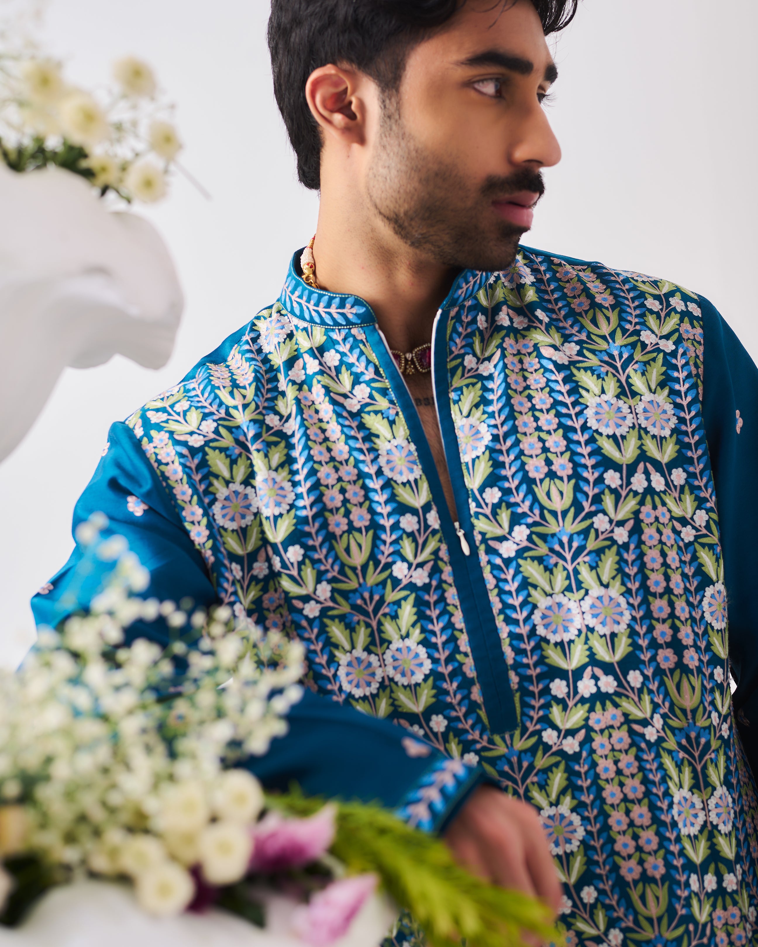 Kurta With Pants / Chanderi / Teal Blue / Shalimar Bagh / Aari Embroidery