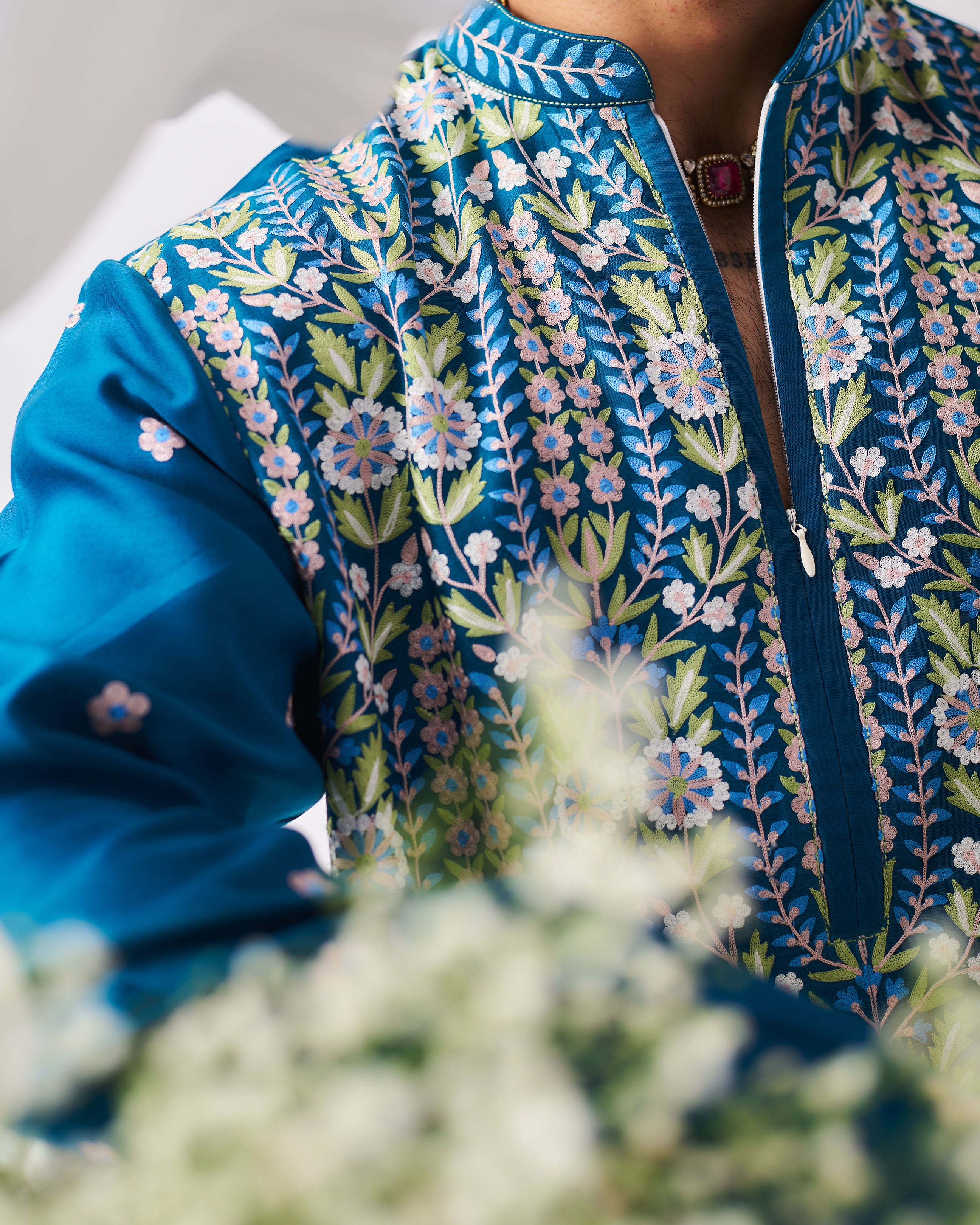 Kurta With Pants / Chanderi / Teal Blue / Shalimar Bagh / Aari Embroidery