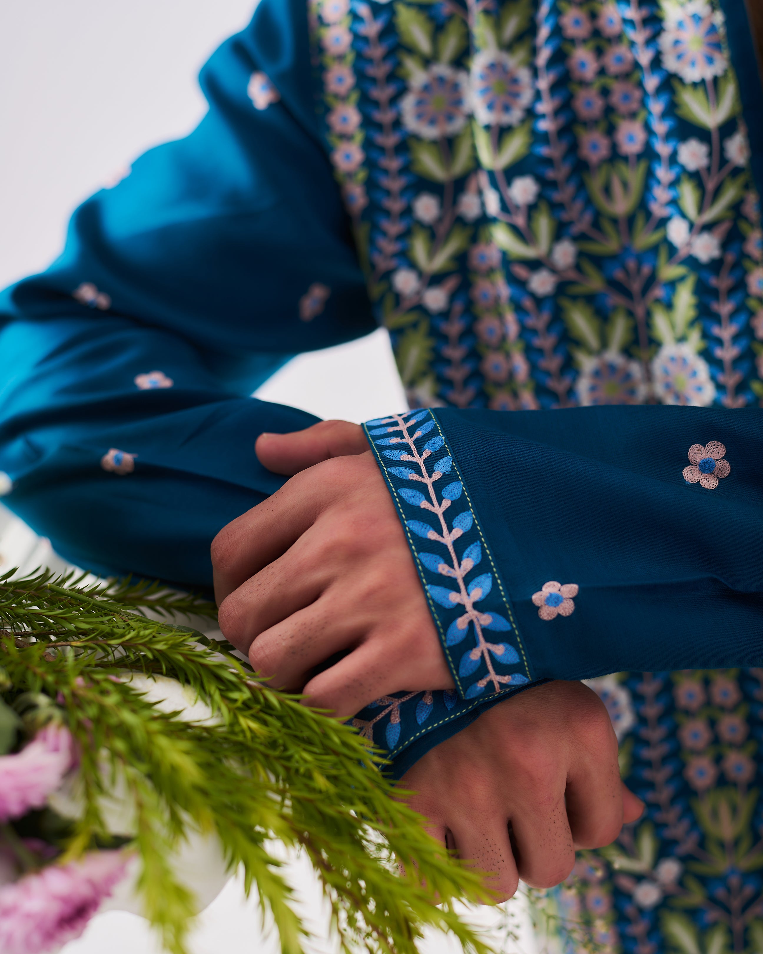 Kurta With Pants / Chanderi / Teal Blue / Shalimar Bagh / Aari Embroidery