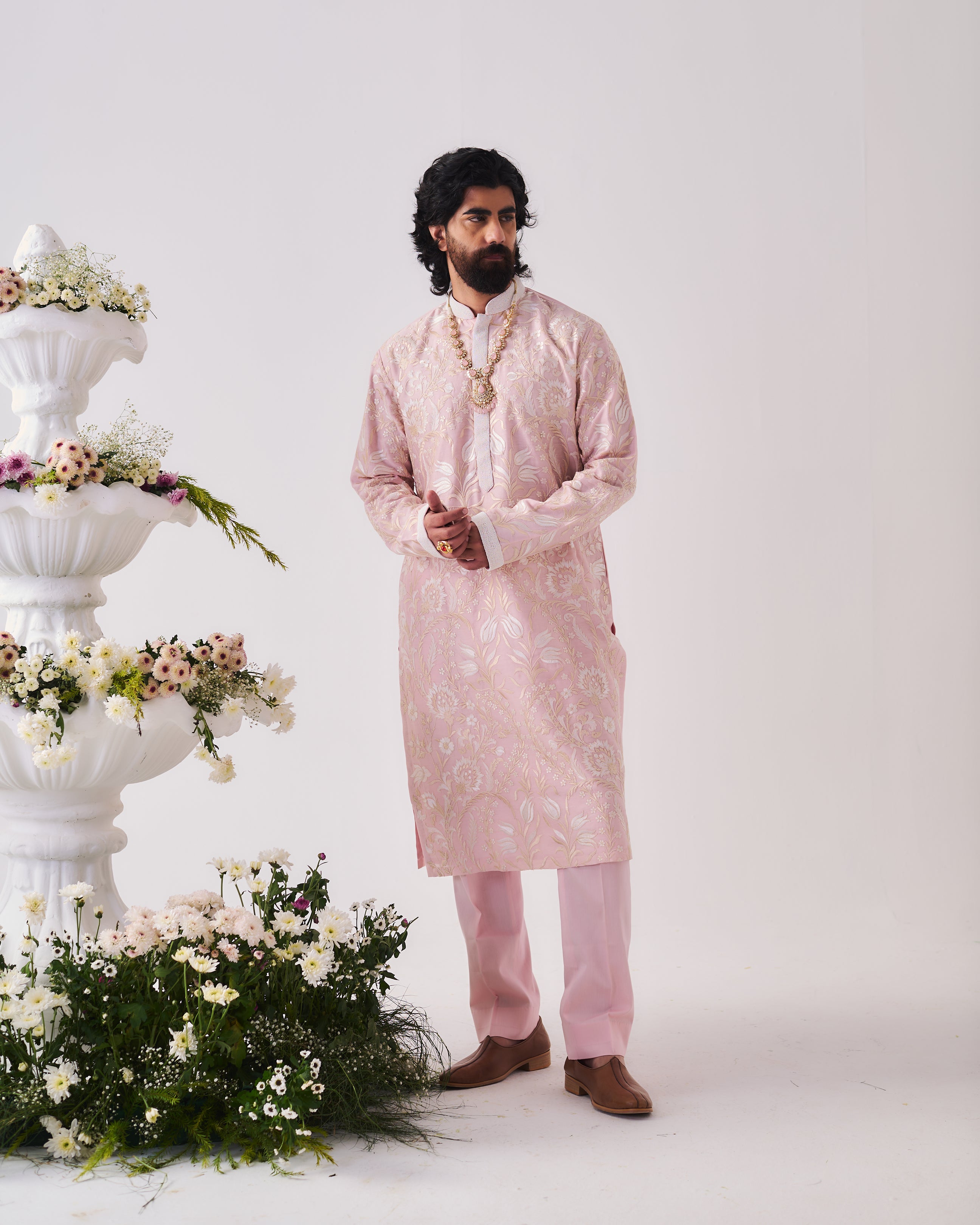 Kurta With Pants / Chanderi / Pale Pink / Tulip Meadow / Dori/Resham/Hand Embroidery
