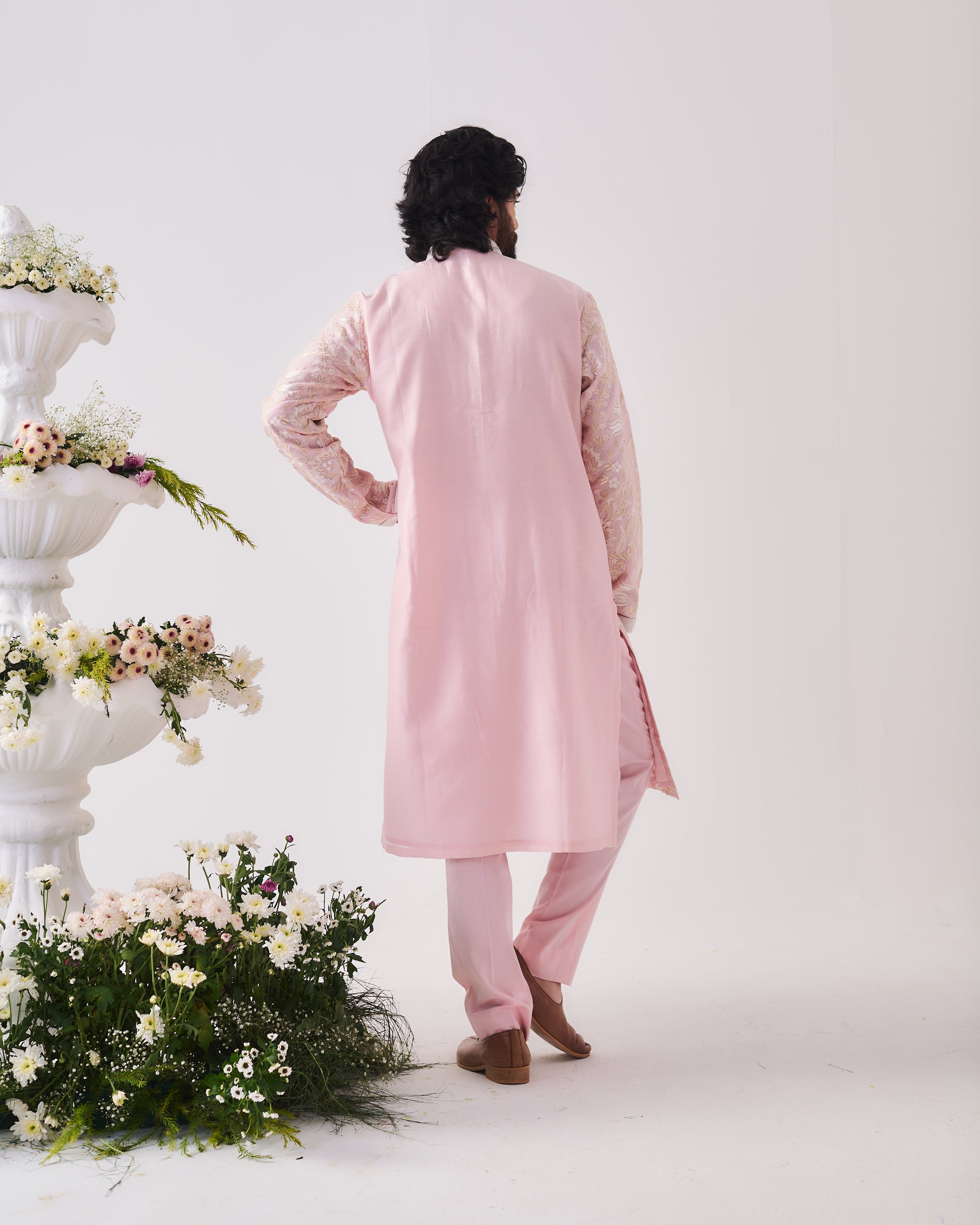 Kurta With Pants / Chanderi / Pale Pink / Tulip Meadow / Dori/Resham/Hand Embroidery